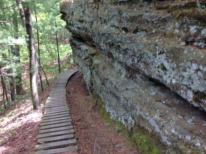 A wooden path winding through a forest, alongside a tall rocky cliff covered in moss and lichen. The surrounding area is lush with green trees and foliage, creating a serene natural setting. Levis Mounds mountain bike trail.