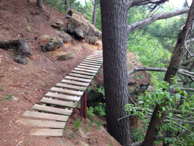 A narrow wooden bridge winding through a forested area with rocks and trees. The bridge is made of slats and leads over uneven terrain, surrounded by greenery and pine needles on the ground. Levis Mounds mountain bike trail.