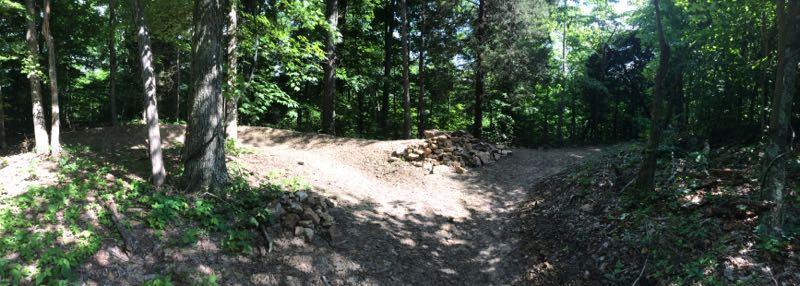 A panoramic view of a forested area featuring a fork in the trail surrounded by trees and greenery. The left path is marked by a pile of rocks, and the forest floor is covered in dirt and scattered leaves. Sunlight filters through the trees, creating dappled lighting on the ground. Brier Creek mountain bike trail.