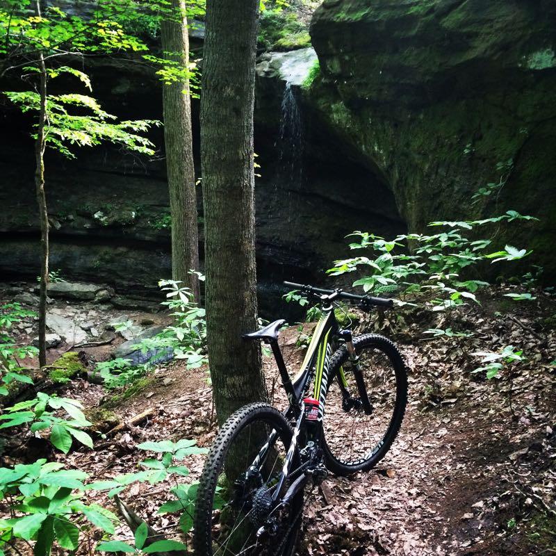 Mountain bike leaning against a tree in a lush forest setting, with a rocky outcrop and a small waterfall in the background. Green foliage and scattered leaves create a natural, serene environment. Brier Creek mountain bike trail.