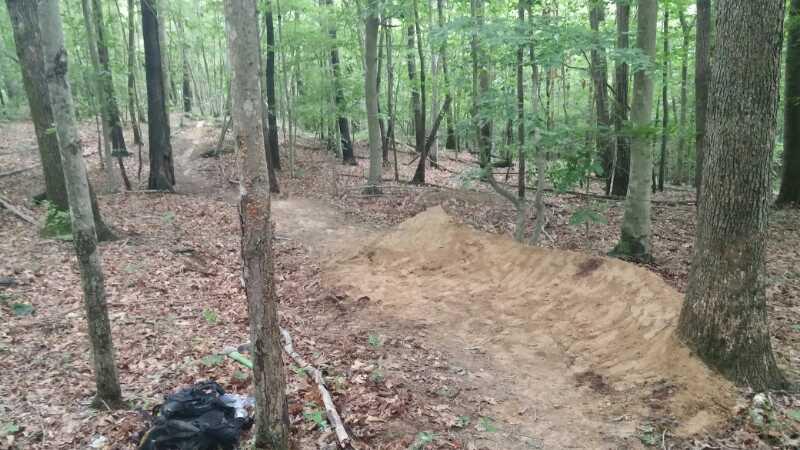 A forested area showing a dirt jump or mound on a narrow trail, surrounded by trees and fallen leaves. A small pile of dark material is visible in the foreground, indicating recent activity. The scene conveys a natural, wooded environment ideal for outdoor activities like biking or hiking. Green River mountain bike trail.