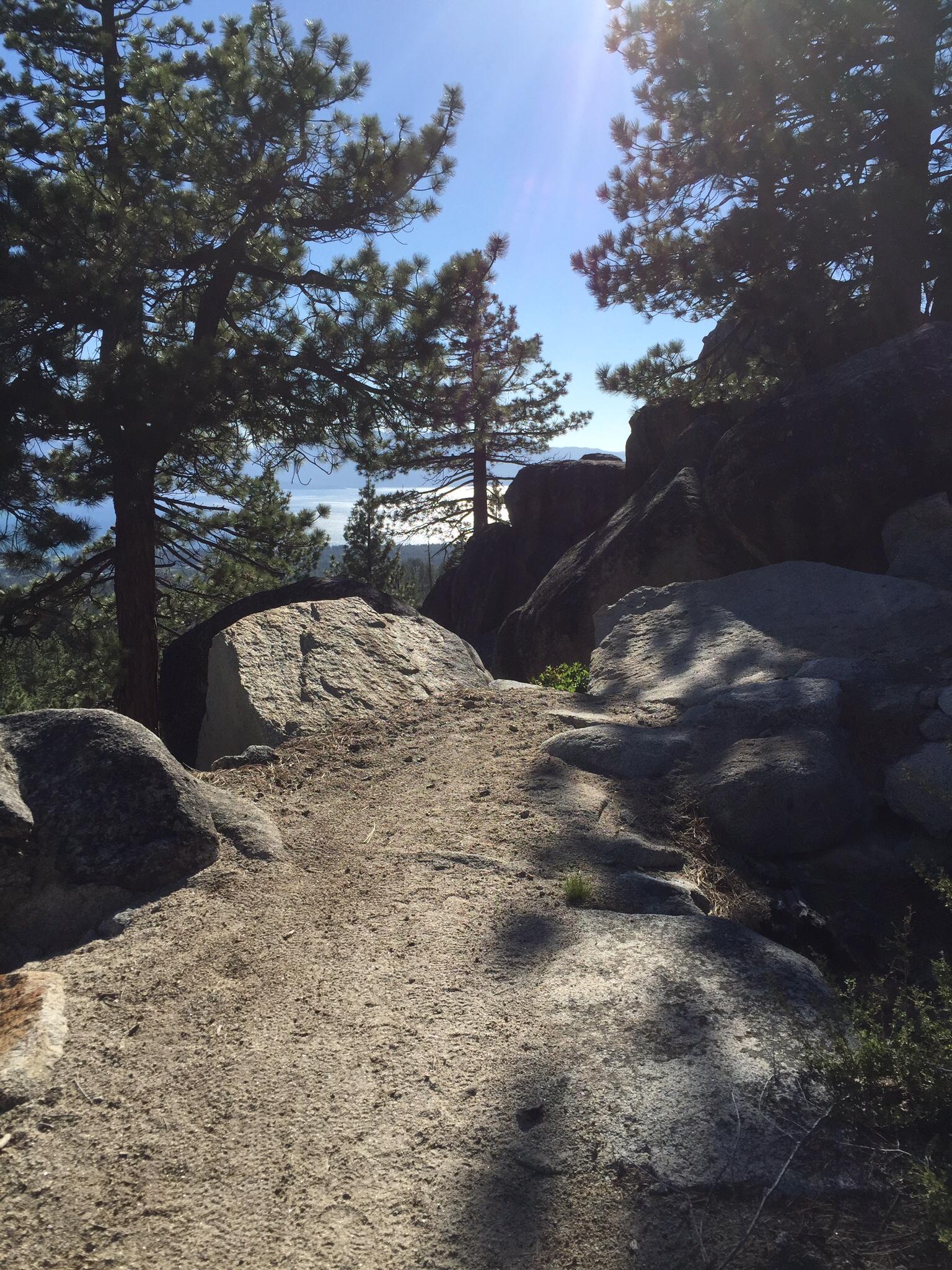 A sunlit pathway leading through a rocky terrain, flanked by tall pine trees. The scene captures a serene view of greenery and distant water bodies in the background, suggesting a natural hiking trail. Tahoe Rim Trail: Spooner Summit to Kingsbury Grade mountain bike trail.