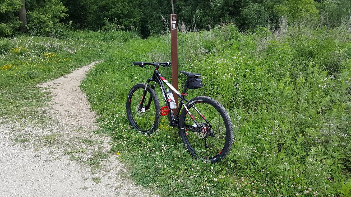 A mountain bike resting against a trail sign in a lush green setting, next to a dirt path lined with wildflowers and tall grasses. Hoyt Park mountain bike trail.