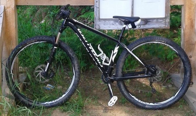 Specialized CRAVE 29: A black mountain bike with white accents resting against a wooden structure, partially obscured by tall grass. The bike features knobby tires, a front suspension fork, and a standard bike saddle. A bulletin board is visible in the background, along with greenery.