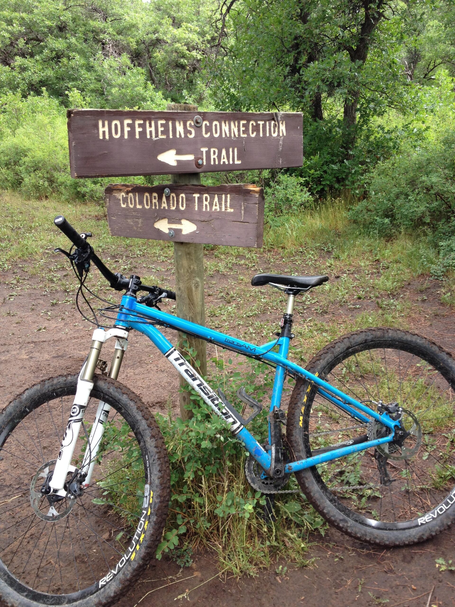 Transition TransAM: A blue mountain bike leaning against a trail signpost with directions to "Hoffheins Connection Trail" and "Colorado Trail," surrounded by lush greenery and dirt terrain.
