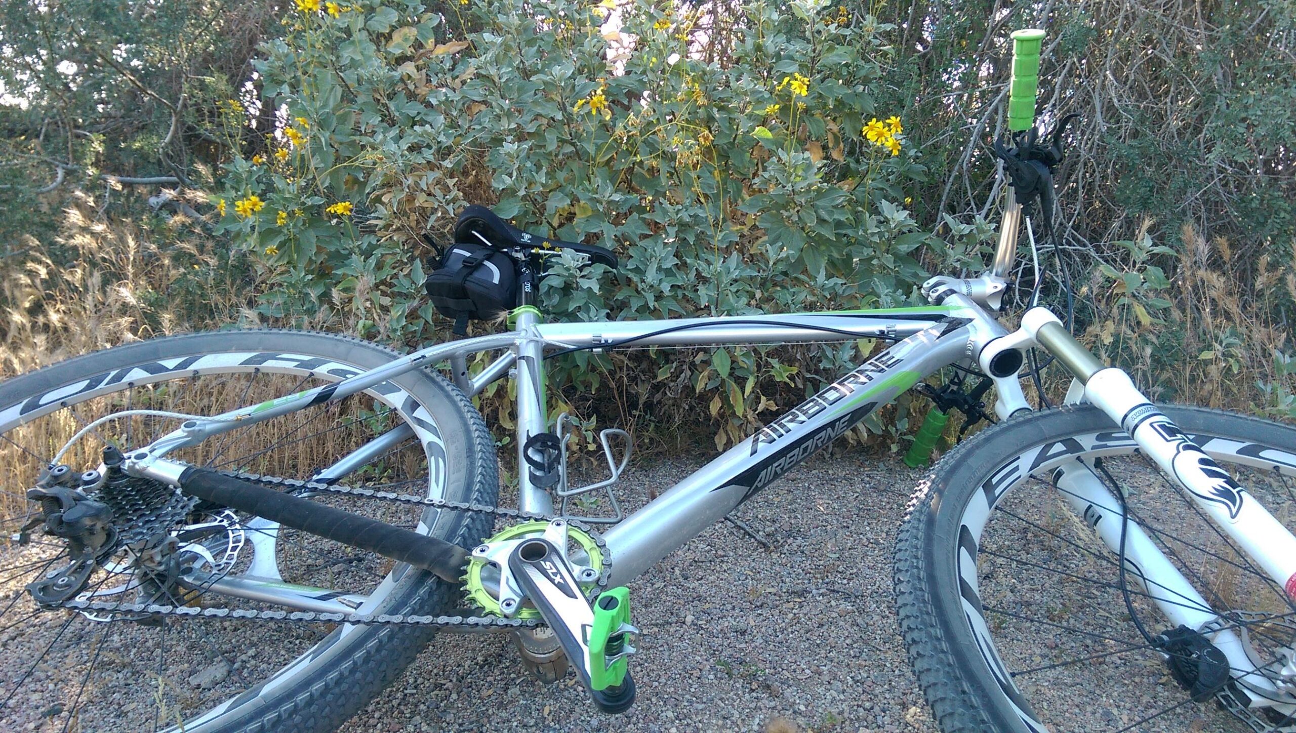 Airborne Goblin: A silver mountain bike rests on a gravel surface, partially obscured by green shrubs and yellow flowers in the background. The bike features bright green grips, a lightweight frame, and distinctive tires. A small black bag is attached to the bike, enhancing its outdoor appearance.