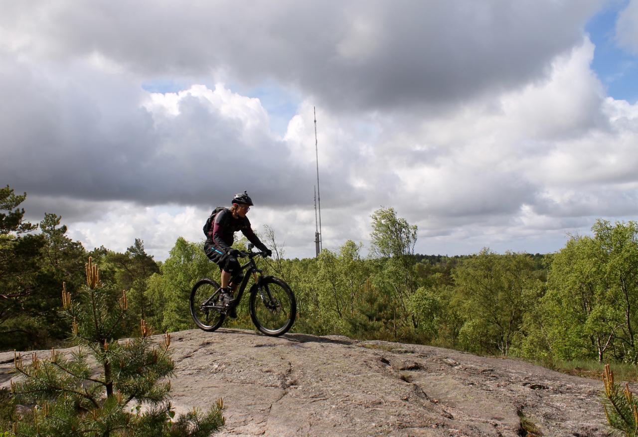 A person riding a mountain bike on a rocky outcrop surrounded by trees and greenery, with a communication tower visible in the background under a partly cloudy sky. Skatas Trail System mountain bike trail.