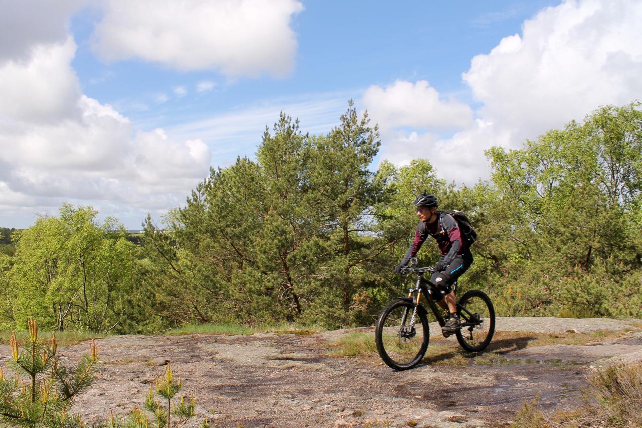 A mountain biker riding along a rocky terrain surrounded by trees under a partly cloudy sky. Skatas Trail System mountain bike trail.