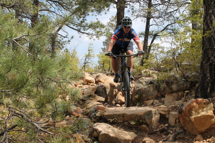A mountain biker navigates a rocky trail surrounded by trees. The cyclist is focused on maintaining balance while riding over uneven terrain, with a mixture of boulders and small rocks on the path. The scene is set in a natural outdoor environment with blue skies peeking through the foliage.