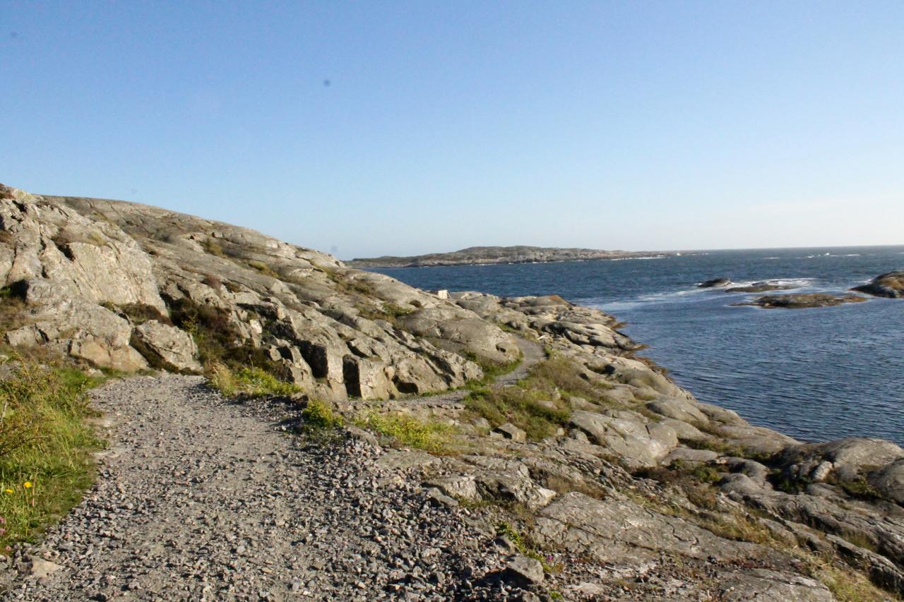 A rocky coastal path alongside calm blue waters under a clear sky, with distant islands visible in the background. The path is surrounded by patches of green vegetation and wildflowers, creating a tranquil seaside scene. Marstrand Island Trail System mountain bike trail.