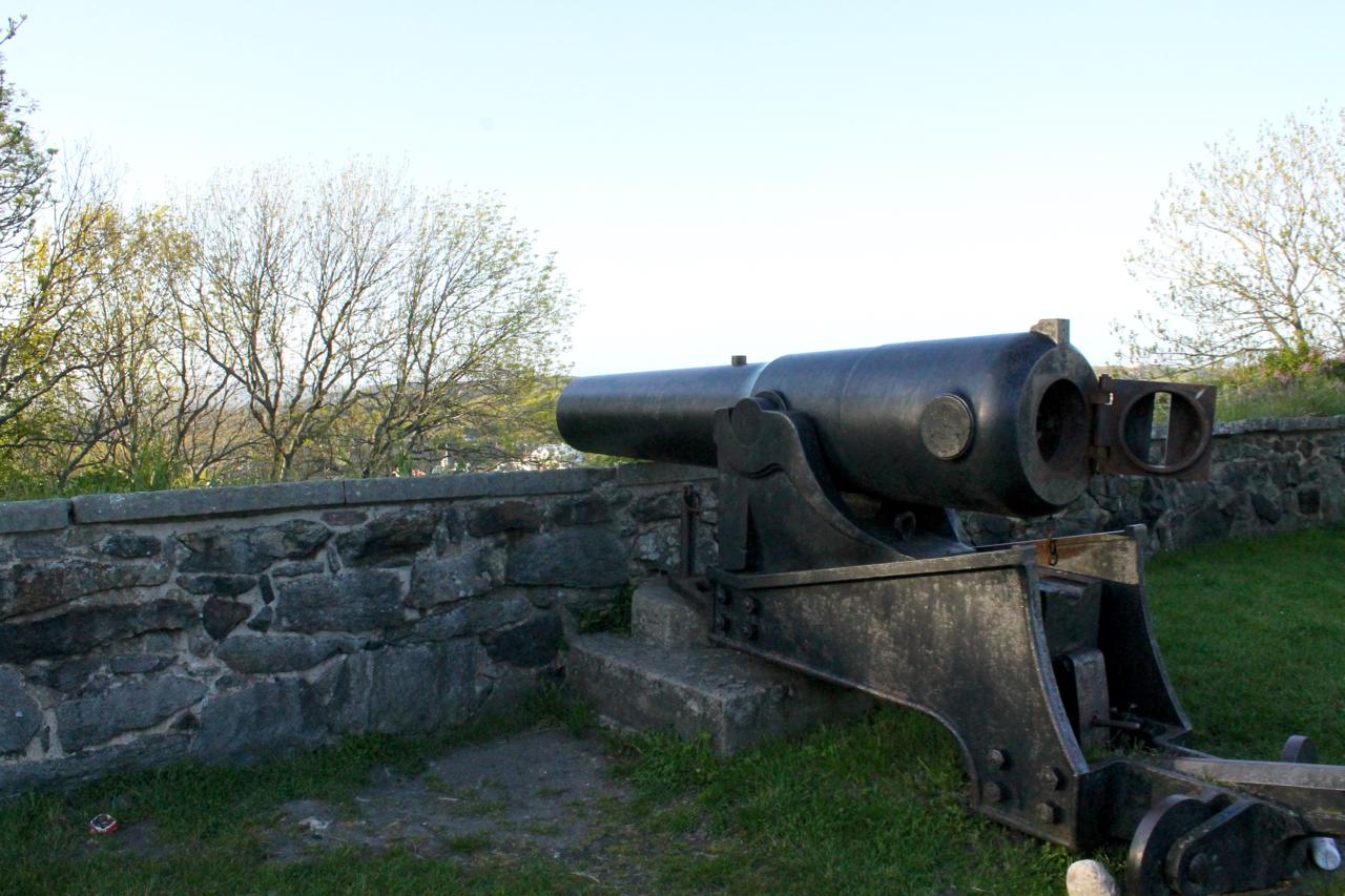 A historical cannon mounted on a stone wall, surrounded by grass and trees, under a clear blue sky. Marstrand Island Trail System mountain bike trail.