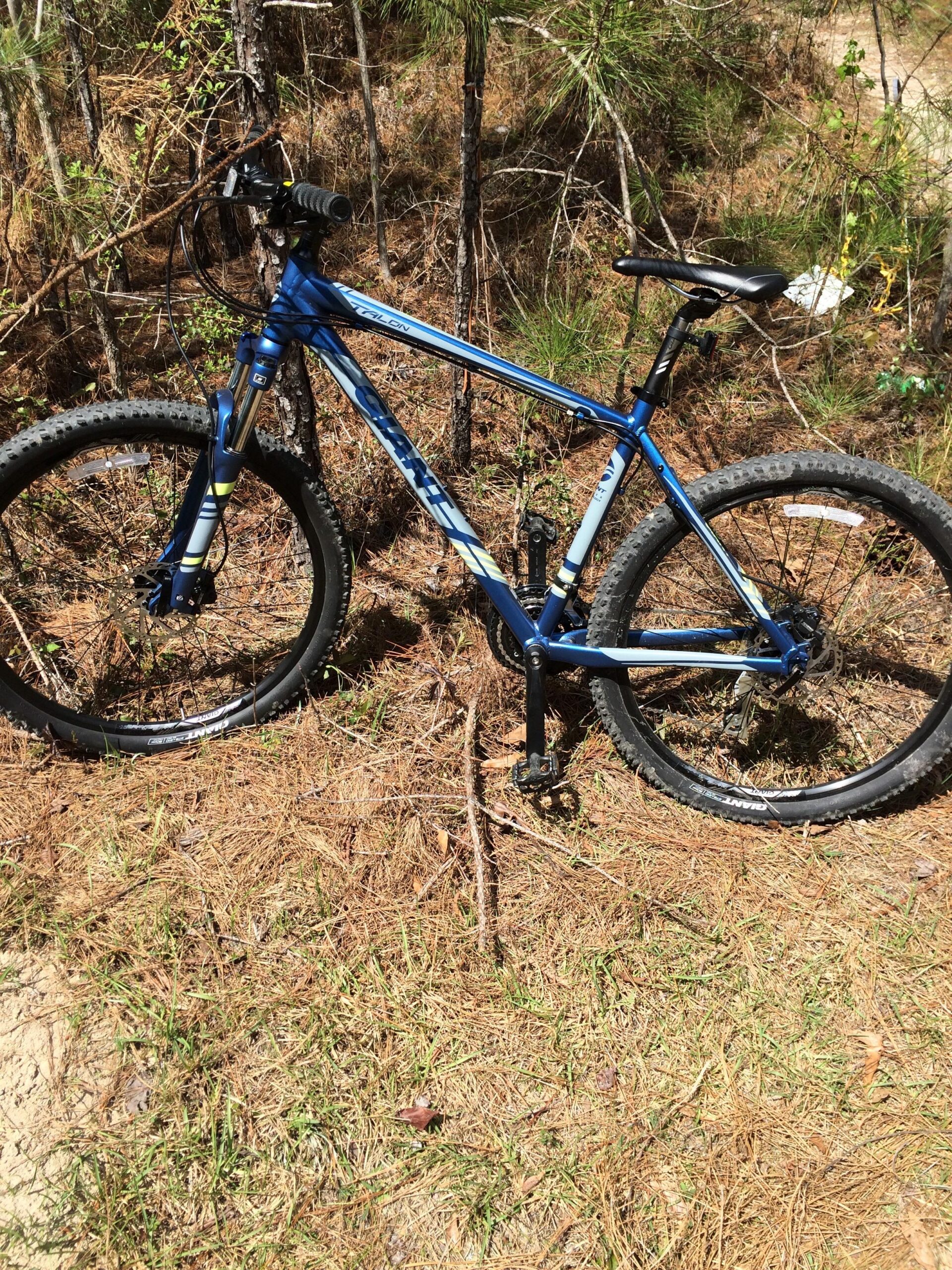 Giant Talon 27.5 4: A blue mountain bike parked on the ground covered with pine needles and grass, surrounded by trees in a natural setting.