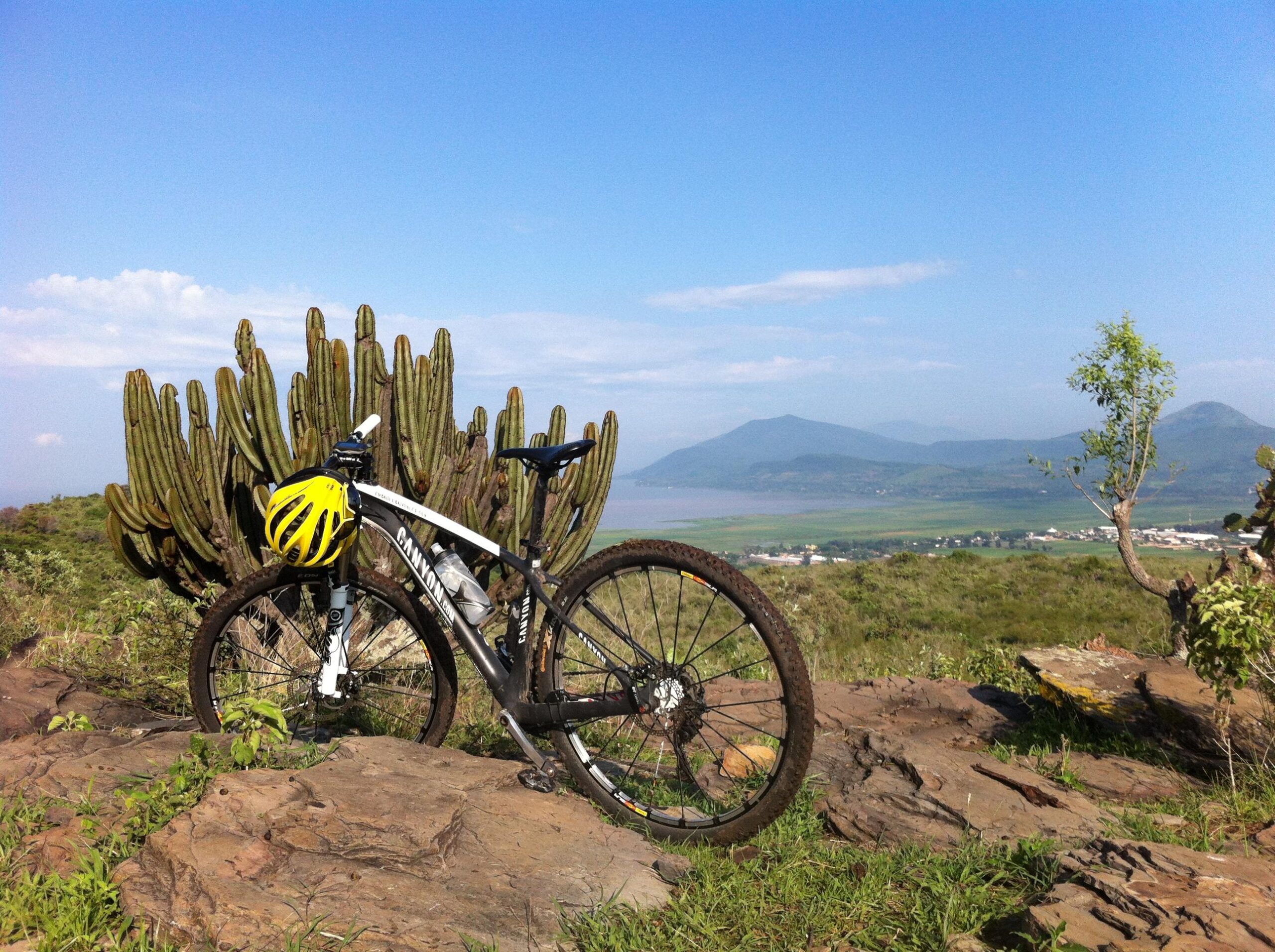 Canyon Grand Canyon CF SLX 9.9 SL: A mountain bike with a yellow helmet resting on the handlebars, positioned on rocky terrain with a backdrop of green hills and a clear blue sky. A tall cactus is in the foreground, and a scenic view of a valley can be seen in the distance.
