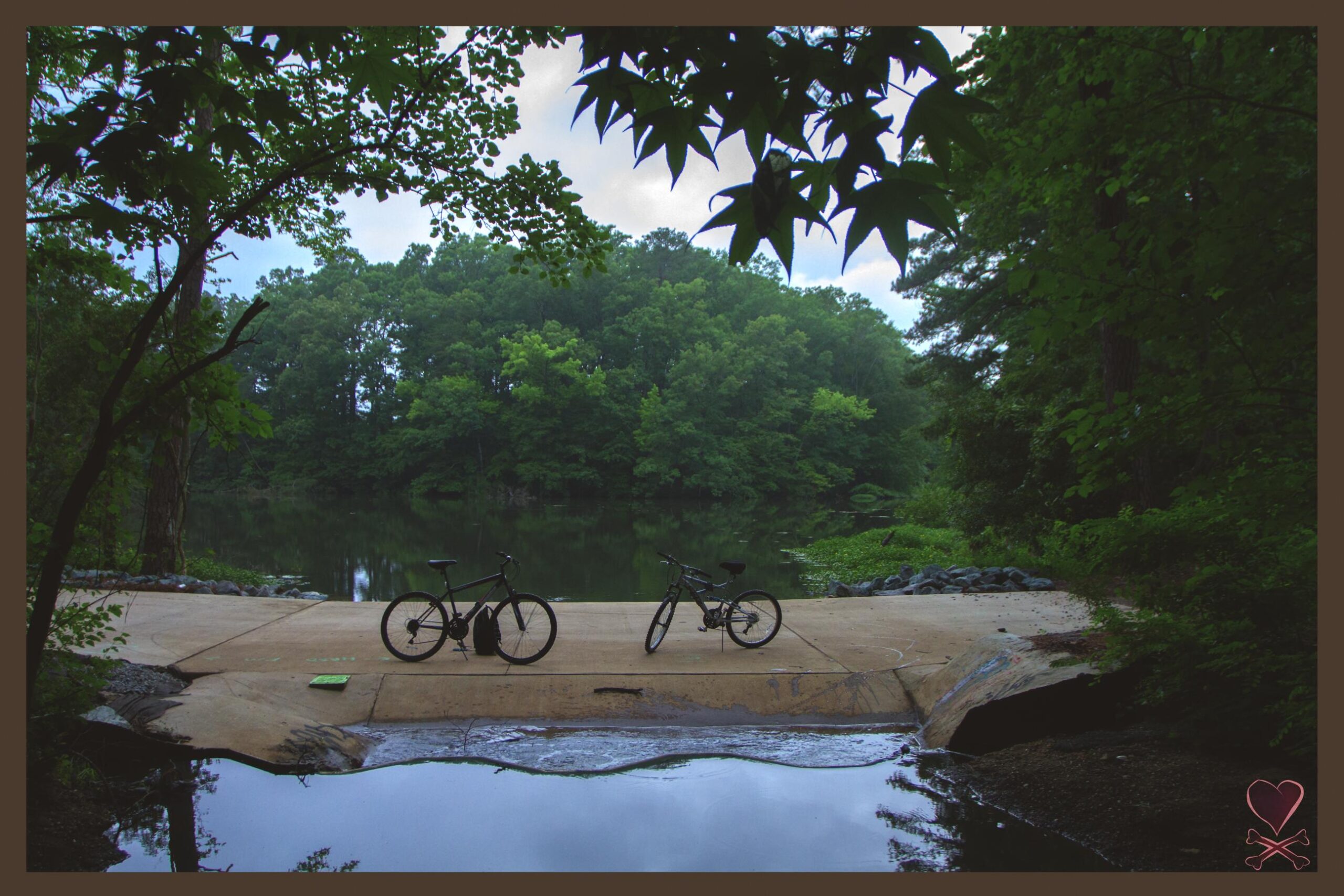 Two bicycles are parked on a concrete surface by a calm body of water surrounded by lush greenery. The scene is framed by overhanging branches, creating a serene atmosphere. Reflections of trees are visible in the water, which has gentle ripples. Lake Maury mountain bike trail.