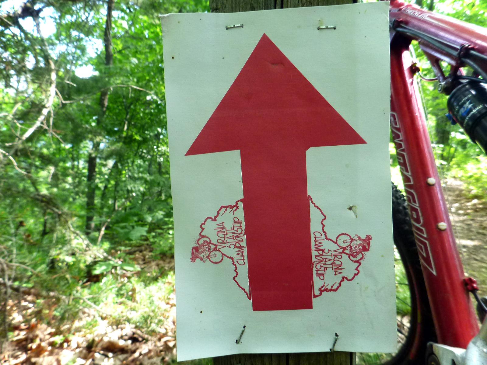 A white sign with a large red arrow pointing upwards, attached to a wooden post in a forested area. The sign includes small graphics of a cyclist and text reading "Virginia State Championship." A portion of a red mountain bike is visible on the right side of the image. Douthat State Park mountain bike trail.