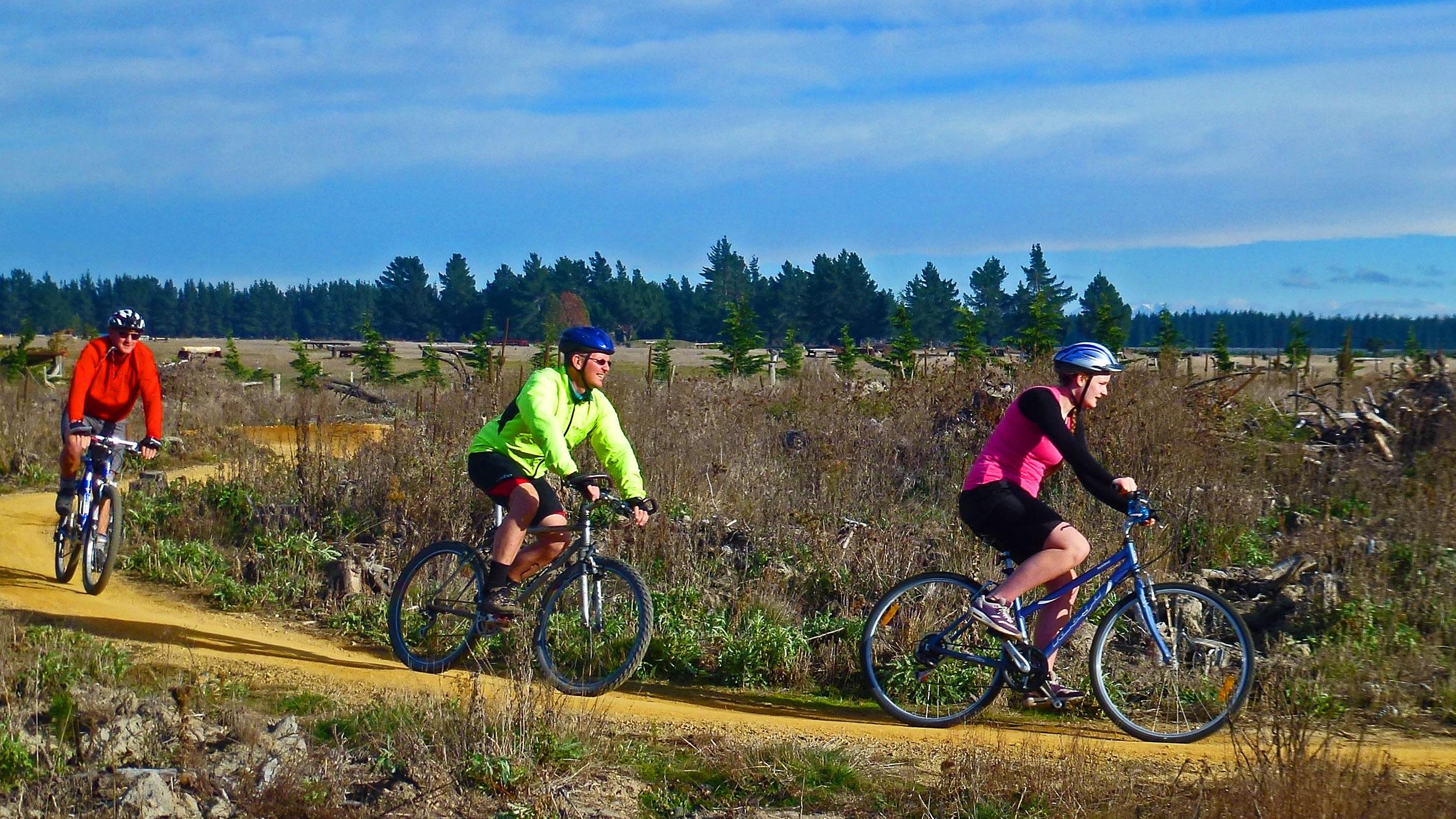 Three mountain bikers riding on a dirt trail in a sunny outdoor setting, surrounded by sparse vegetation and patches of grass. The first cyclist is wearing a red jacket, the second is in a bright green shirt, and the third is in a pink tank top, all wearing helmets. Pine trees can be seen in the background under a blue sky. McLeans Forest mountain bike trail.