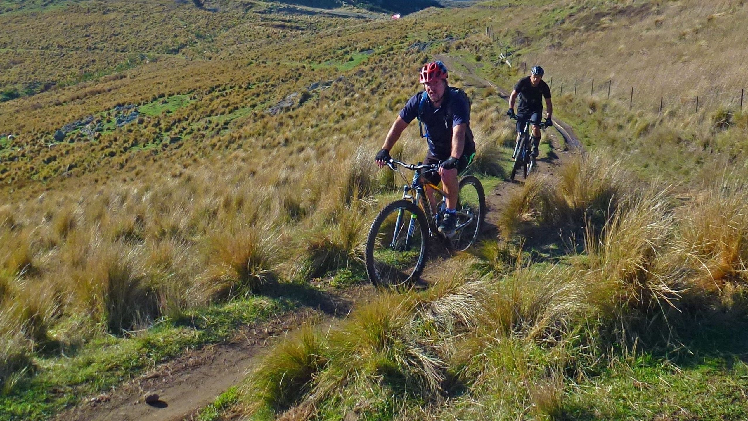 Two mountain bikers ride along a dirt trail through a grassy landscape with rolling hills. The first rider, wearing a red helmet and a black shirt, is visible in the foreground, while the second rider, in a black helmet and shirt, follows behind. The scene is set in a bright, outdoor environment with vibrant greenery and golden grass. Port Hills Tracks mountain bike trail.