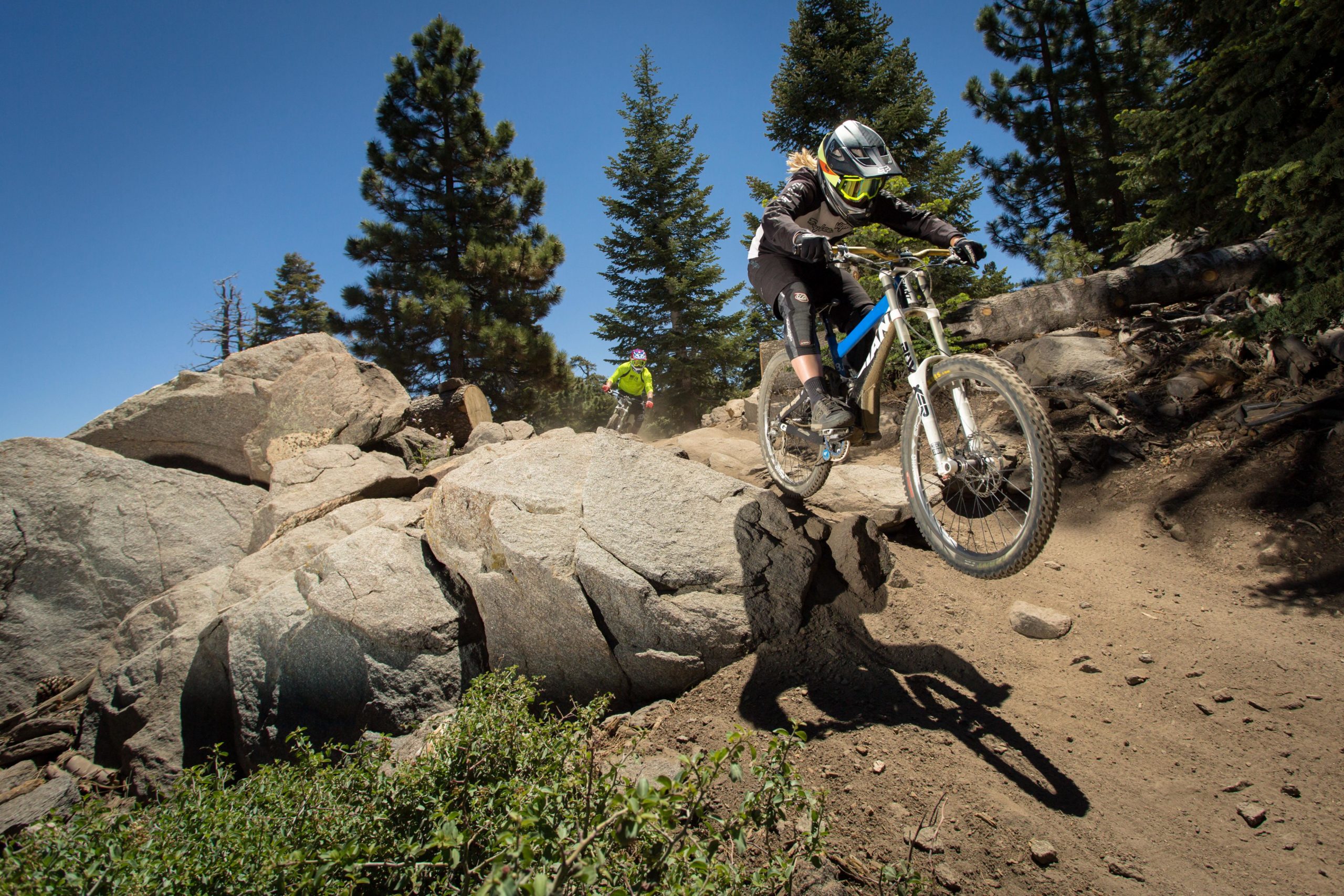 A mountain biker performing a jump over a large rock on a dirt trail, surrounded by evergreen trees and a clear blue sky. Another biker is seen in the background, capturing the thrill of outdoor mountain biking. Big Bear Mountain Resort mountain bike trail.