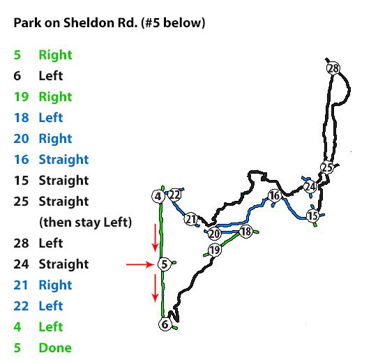 A navigation map for Park on Sheldon Rd, showing a winding route with directional instructions. The map features numbered steps indicating turns (Right/Left/Straight) with color coding (green, blue, and black) for clarity. Key points and intersections include numbers 5 through 28, guiding drivers along the path and indicating the destination. Stony Creek Metro Park mountain bike trail.