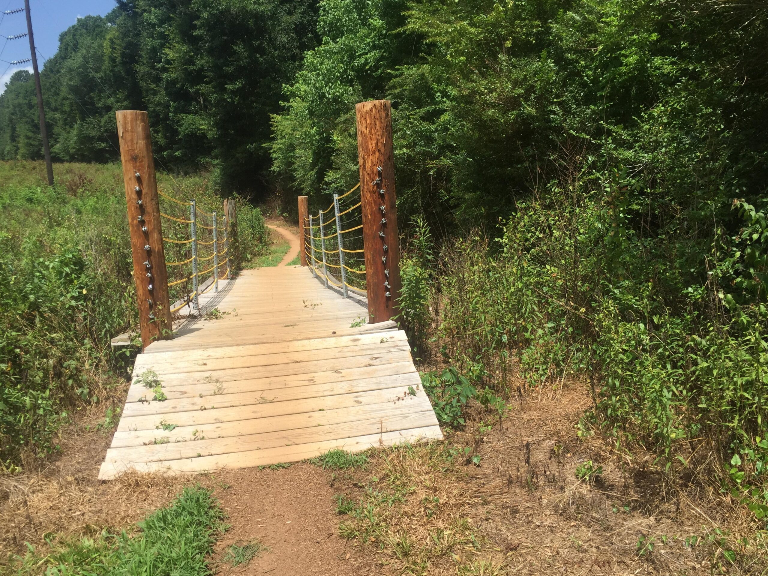 A wooden footbridge with rope railings leads over a small natural path surrounded by lush greenery and trees under a clear blue sky. The bridge is partially covered with vegetation, suggesting a natural, serene environment. Trail Creek Park mountain bike trail.
