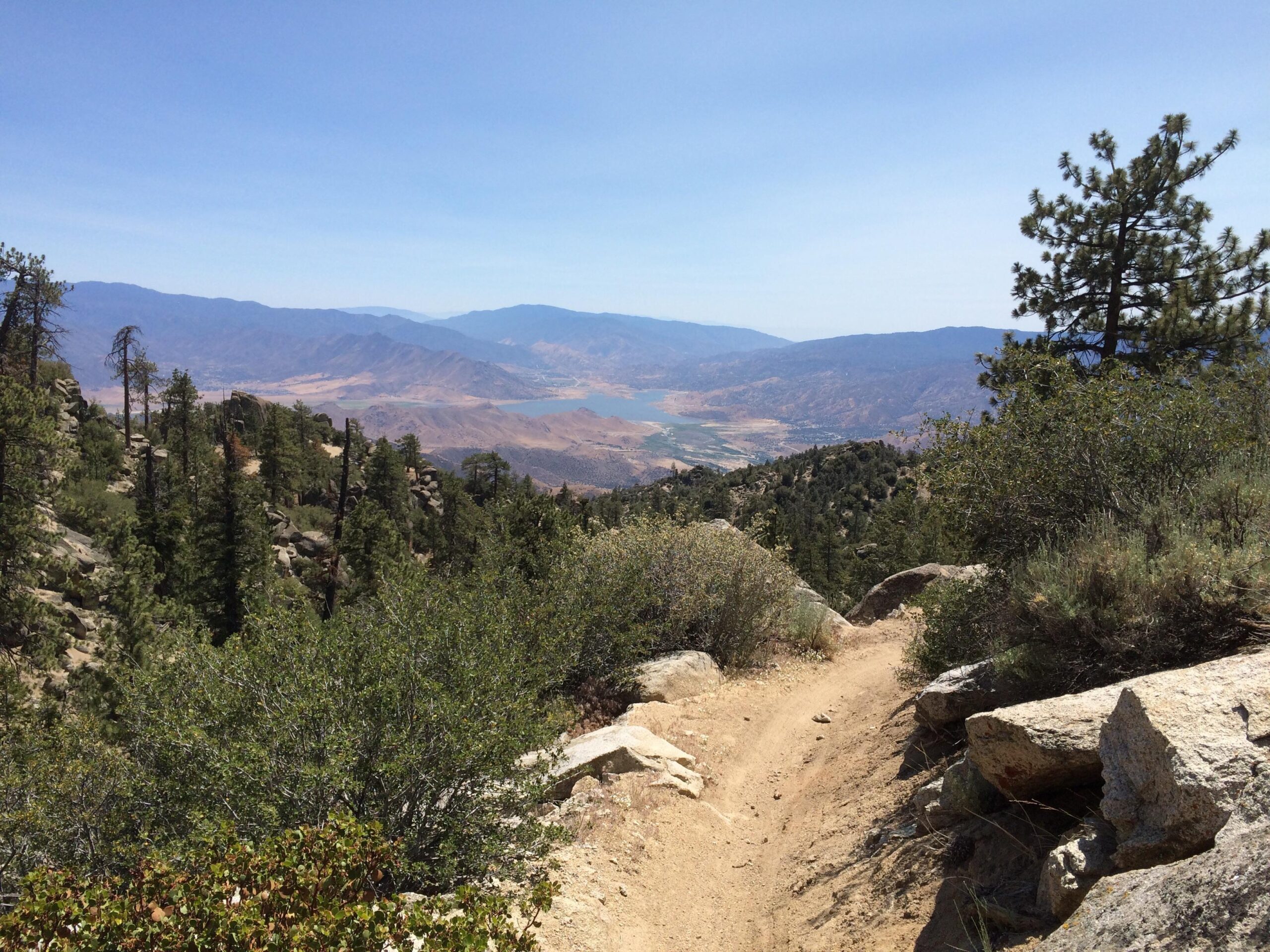 A scenic mountain trail winding through rocky terrain, surrounded by pine trees and shrubs, with a panoramic view of a valley and a lake in the distance. The sky is clear and blue, highlighting the natural beauty of the landscape. The Cannell Plunge mountain bike trail.