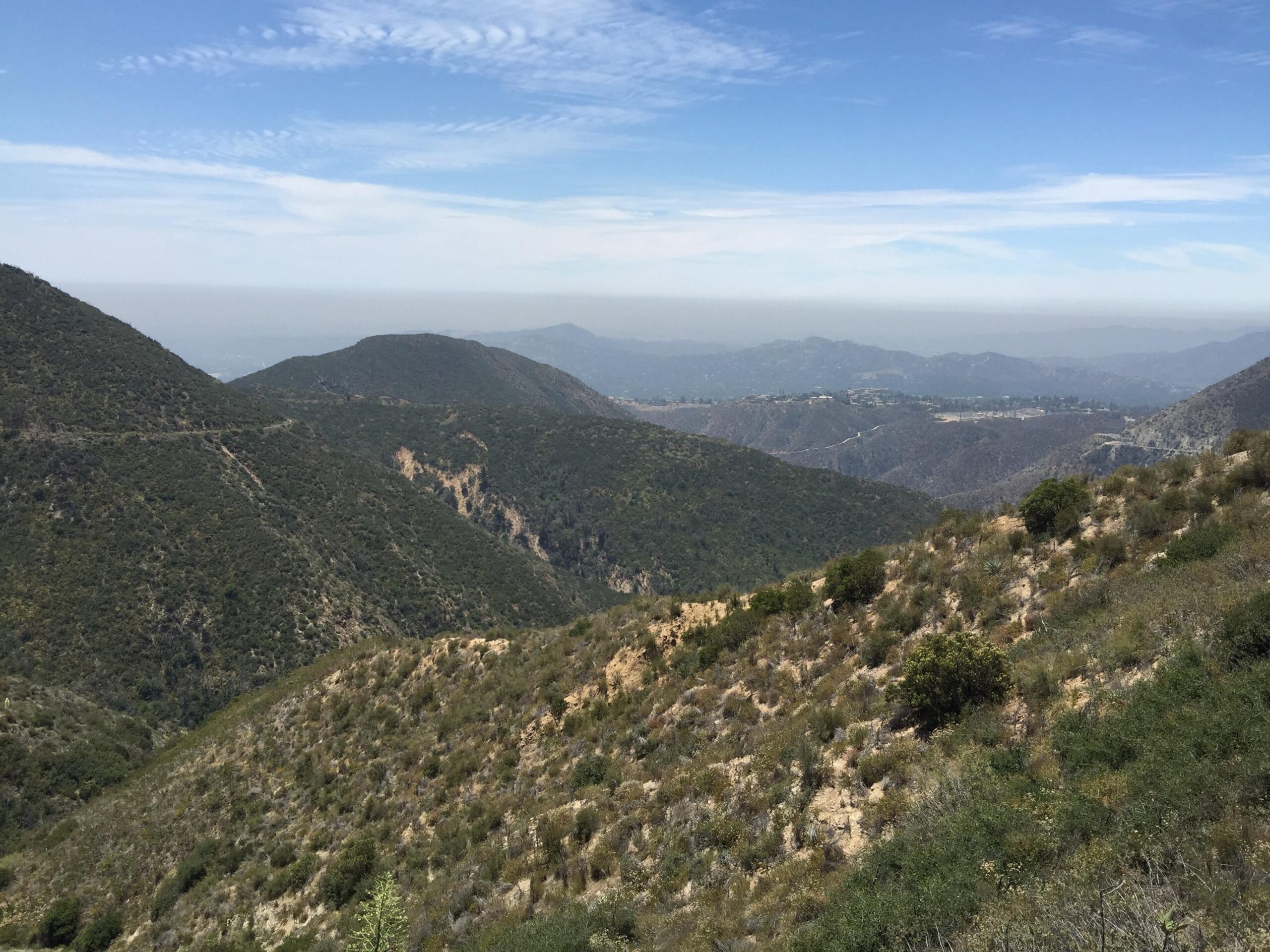 A panoramic view of rolling hills and mountains covered in green vegetation under a clear blue sky, with distant mountains visible in the background. El Prieto mountain bike trail.
