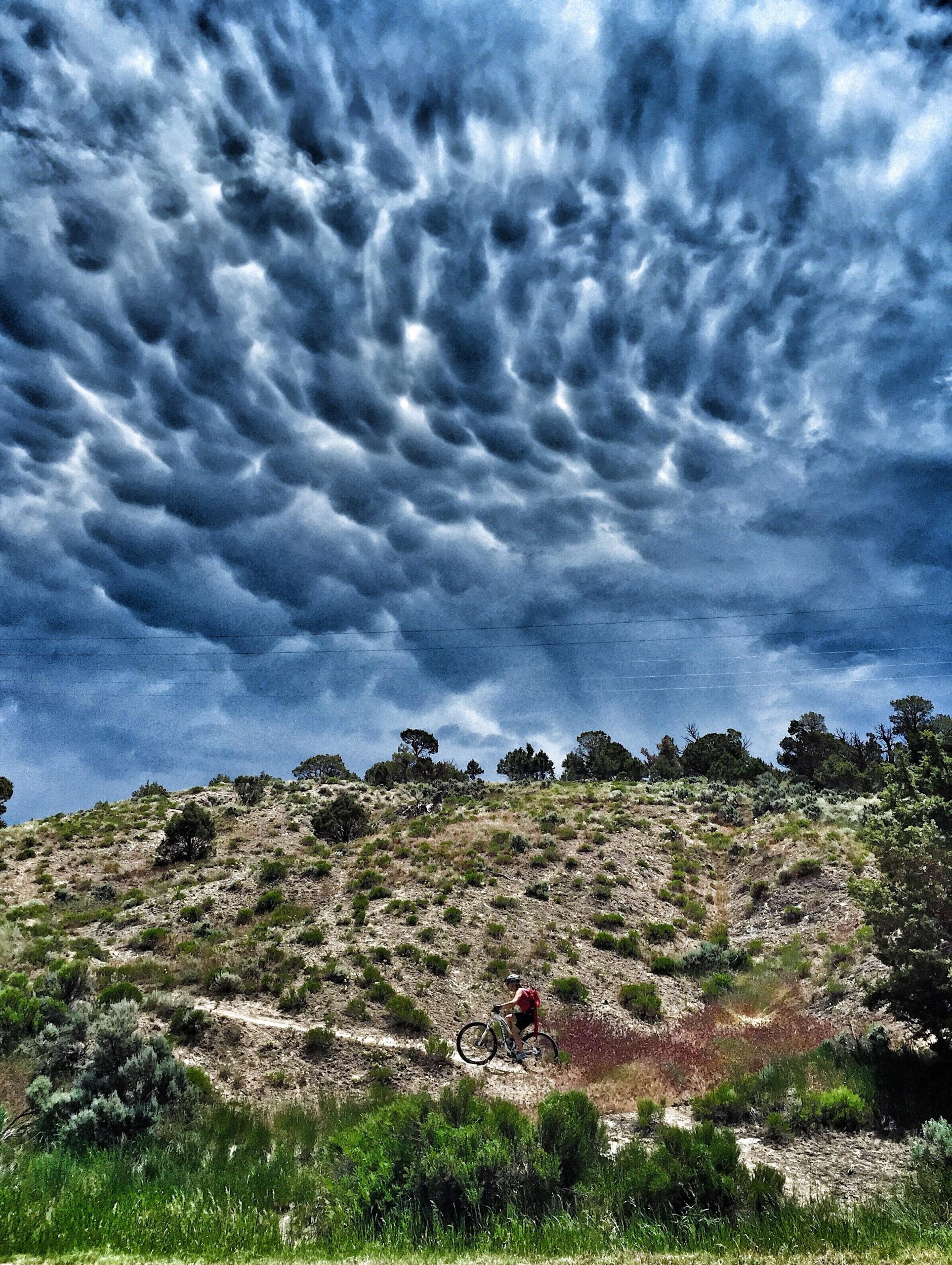 A mountain biker rides along a dirt trail on a hillside, surrounded by lush green vegetation and shrubs. In the background, dramatic, textured clouds fill the sky, creating a moody atmosphere. The Boneyard mountain bike trail.