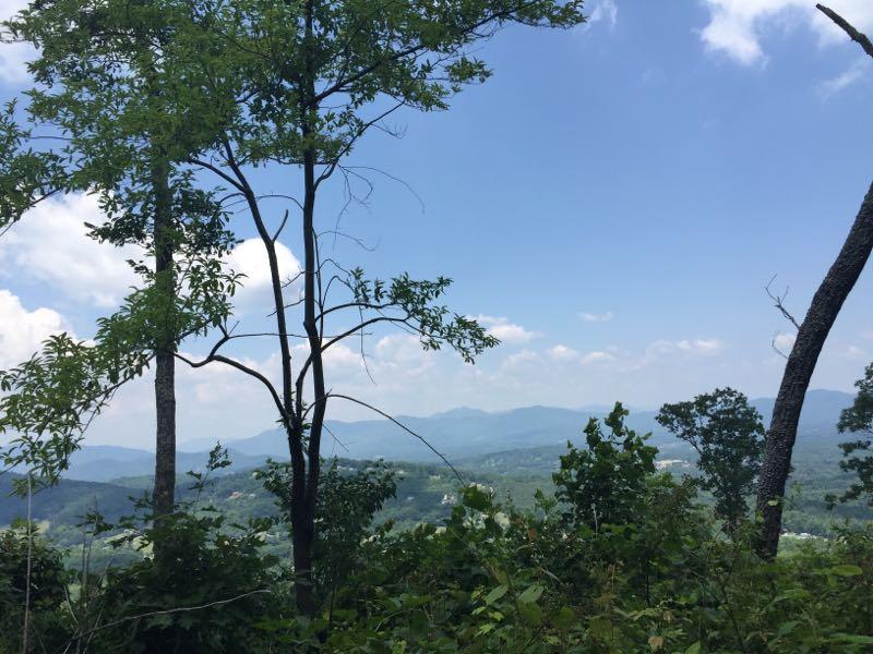 A scenic view of mountains and valleys under a blue sky with scattered clouds, framed by green trees in the foreground. Bent Creek mountain bike trail.