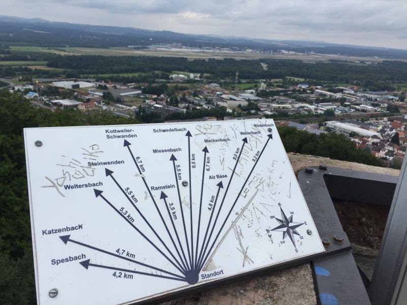 A panoramic view from a lookout point featuring a directional sign. The sign indicates various nearby locations, including distances to each one, with arrows pointing in their respective directions. The background shows a landscape of buildings and fields under a cloudy sky. Tower Trail mountain bike trail.