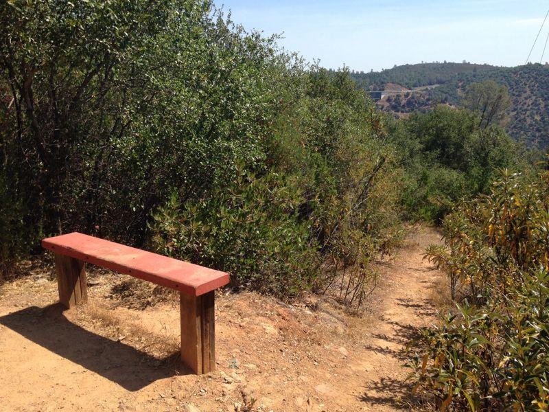 A rustic red bench situated near a dirt path surrounded by lush green shrubs and trees, with a scenic view of rolling hills in the background under a clear blue sky. Stagecoach / Flood / Manzanita mountain bike trail.