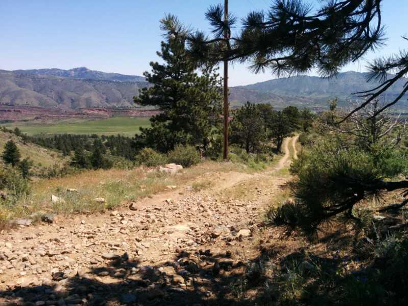 A rocky dirt path winds through a mountainous landscape, flanked by trees on either side. In the background, rolling hills and distant mountains are visible under a clear blue sky, while green fields stretch out in the valley below. Ginny Trail mountain bike trail.