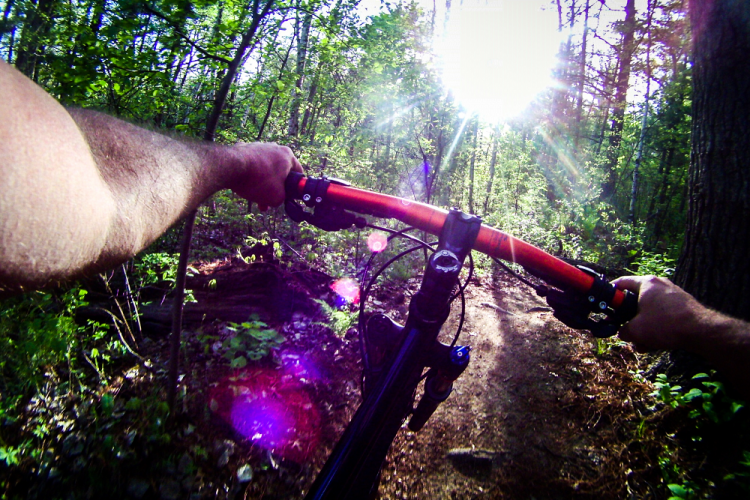 A close-up view of hands gripping brightly colored mountain bike handlebars while riding on a dirt trail through a lush green forest. Sunlight filters through the trees, creating a bright, vibrant atmosphere.