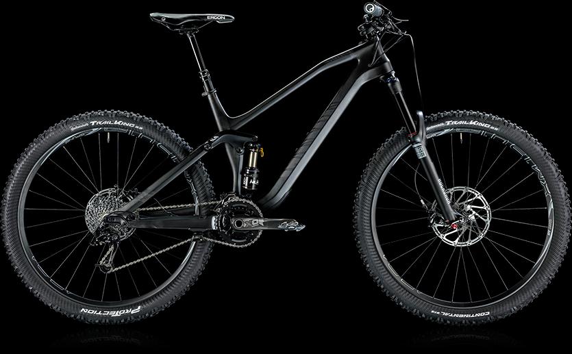 Canyon Spectral CF: A sleek black mountain bike positioned against a dark background, showcasing its lightweight frame, front suspension, and rugged tires designed for off-road trails. The bike features a modern design with high-performance components, including a visible rear shock and detailed drivetrain.