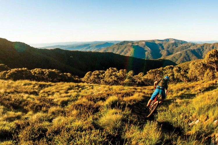 A mountain biker riding along a trail through grassy hills, surrounded by a scenic landscape of rolling mountains beneath a clear blue sky. The sun is setting, casting a warm golden light over the scene.