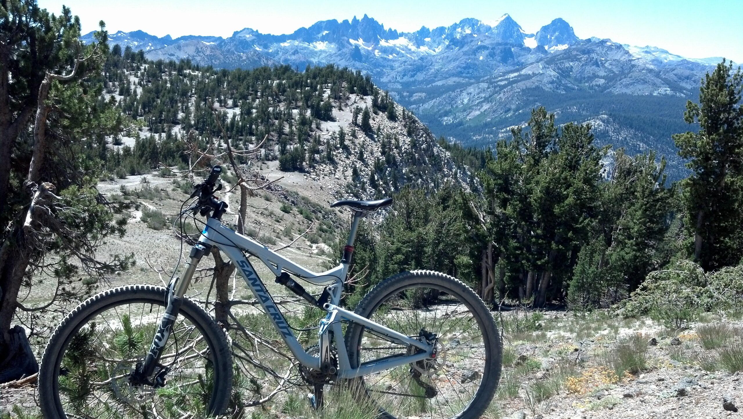 Santa Cruz Bronson: A mountain bike resting on a rocky terrain, surrounded by pine trees, with a panoramic view of snow-capped mountains in the background under a clear blue sky.