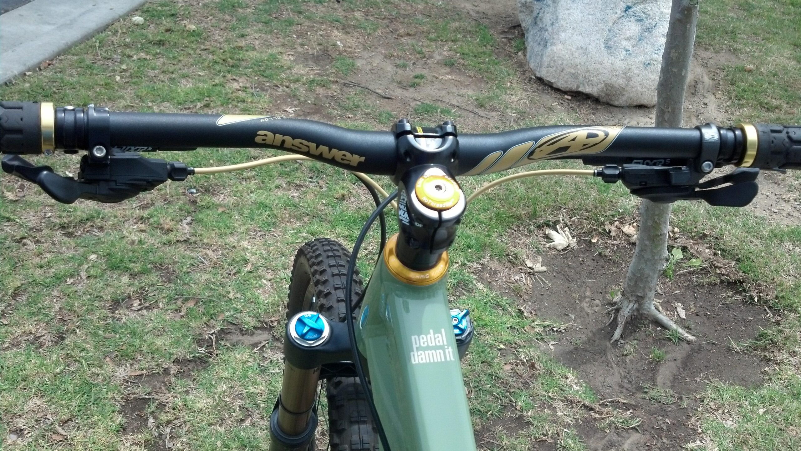 Niner W.F.O. 9: A close-up view of a mountain bike's handlebars, showing the grips, gear shifters, and a stem with a gold top cap. The background includes grass and a small tree, with a rocky area visible in the distance. The bike frame features a label that reads "pedal damn it."