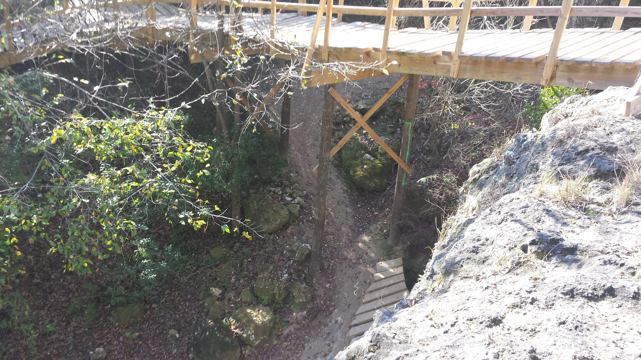 A wooden bridge spans a narrow ravine, supported by vertical wooden posts. Below, a dirt path winds through rocks and foliage, with scattered autumn leaves. Sunlight filters through the trees, creating a serene natural environment. Santos mountain bike trail.