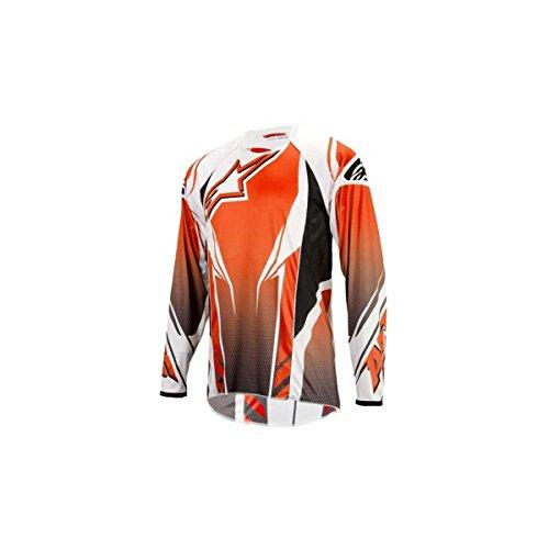 Alpinestars A-Line DH Long Sleeve Bicycle Jersey: A long-sleeve motocross jersey featuring a bold orange and white design with graphic patterns. The jersey has a mesh fabric for breathability and is designed for off-road riding.