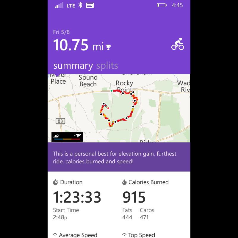 Image showing a fitness tracking app screen with a summary of a biking activity. The display indicates a distance of 10.75 miles, duration of 1 hour and 23 minutes, and total calories burned of 915. It also highlights a personal best for elevation gain, ride duration, calories burned, and speed. A map detailing the biking route around Rocky Point is visible, along with statistics for fats and carbs burned. Rocky Point mountain bike trail.