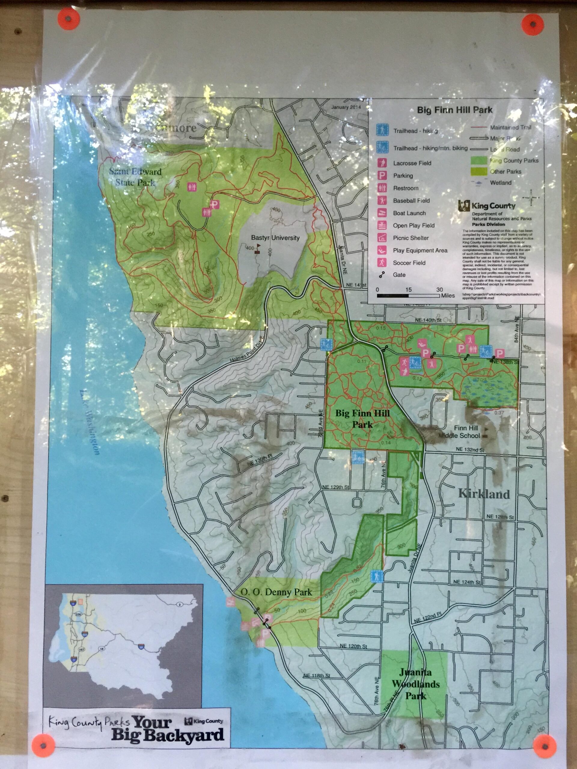 Map of Big Finn Hill Park and surrounding areas, detailing trails, amenities, and nearby parks in King County. Features include parking areas, restrooms, a baseball field, and hiking routes, with a legend indicating different park facilities. The map is displayed outdoors and protected by plastic. Big Finn Hill mountain bike trail.