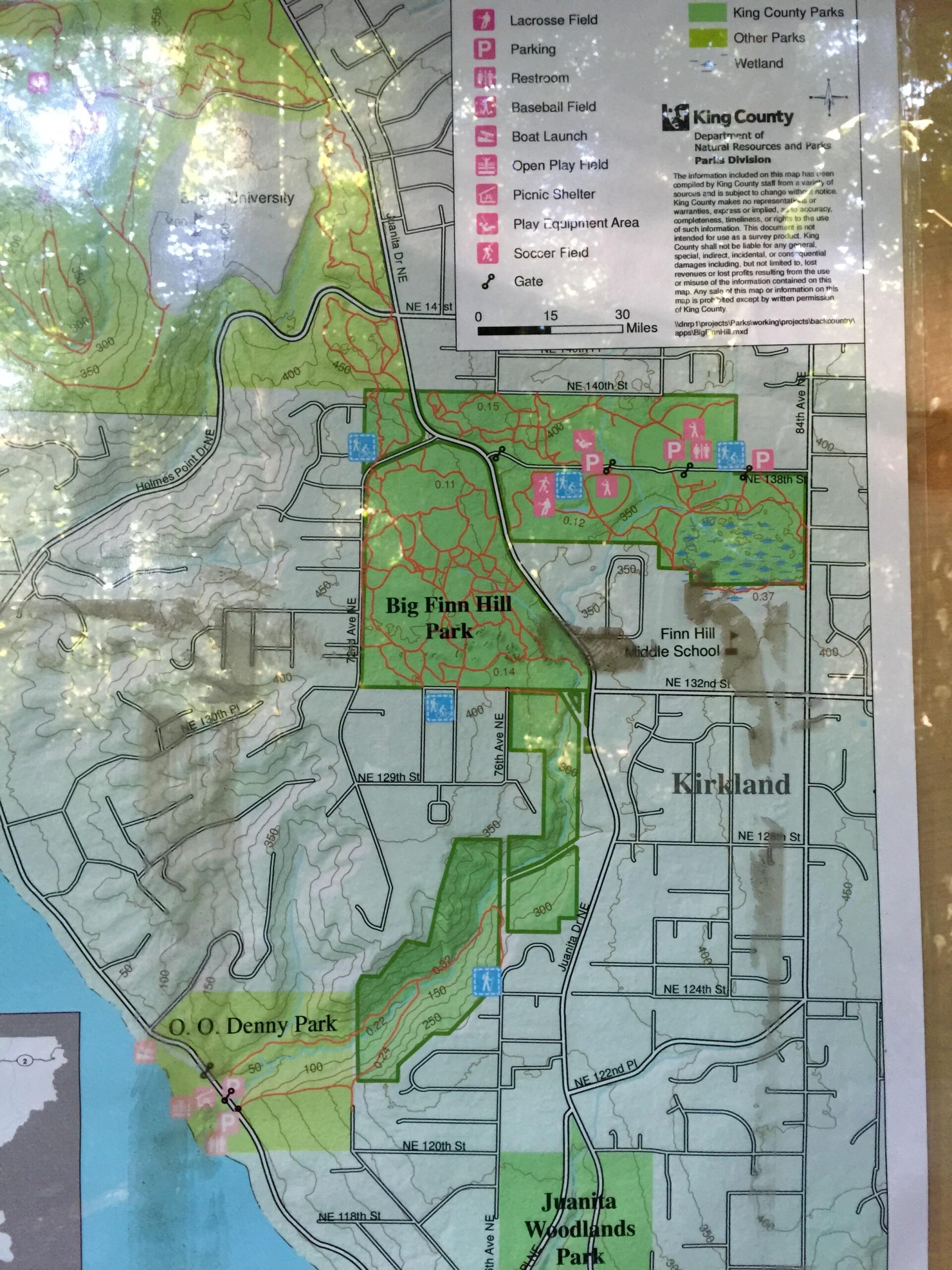 Map of King County parks, including Big Finn Hill Park and O. O. Denny Park, with marked features such as fields, parking areas, restrooms, picnic shelters, and trails. The map indicates topographical details and nearby landmarks in the Kirkland area. Big Finn Hill mountain bike trail.