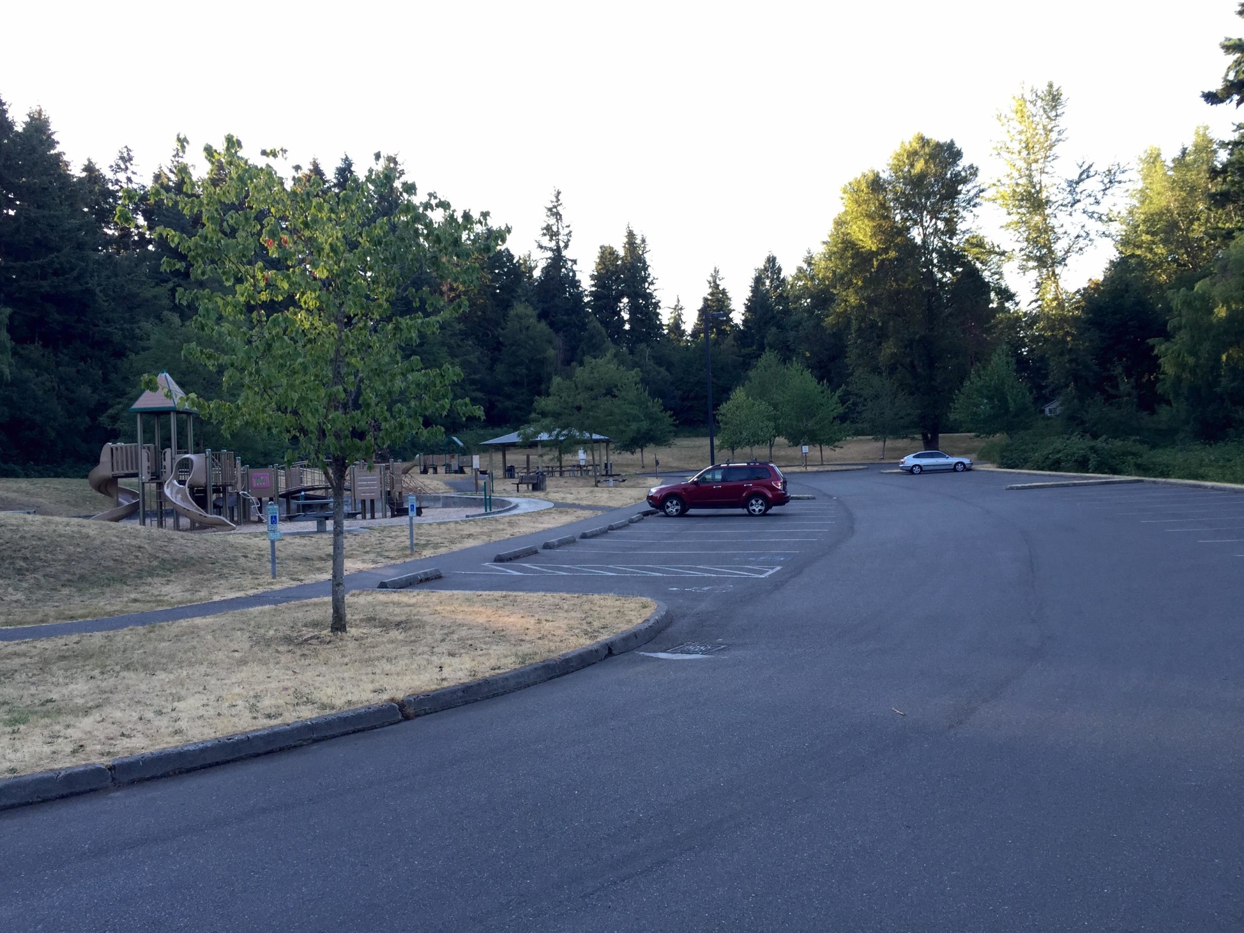A spacious playground area featuring a wooden play structure with slides, surrounded by grassy fields and trees. In the foreground, a nearly empty parking lot with two parked cars. The scene is set in a peaceful, natural environment during the day. Big Finn Hill mountain bike trail.