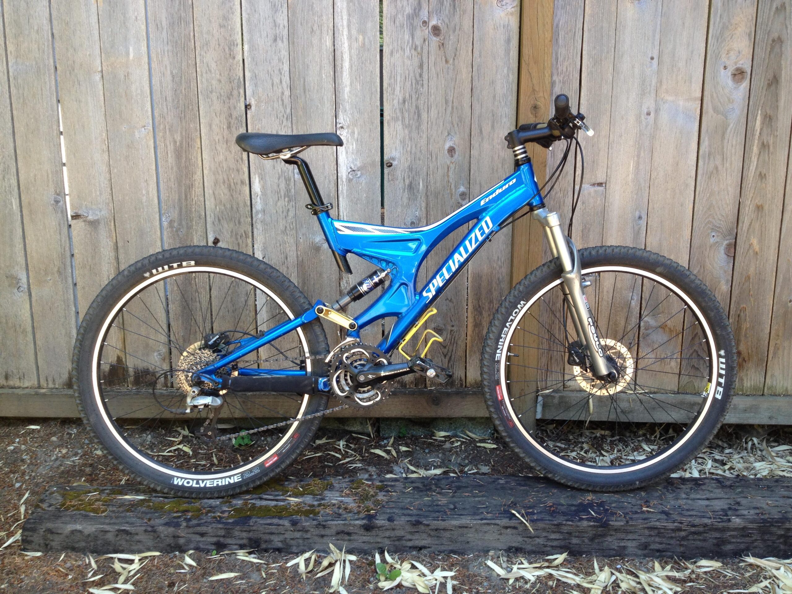 Specialized Enduro: A blue mountain bike leaning against a wooden fence, with visible features such as front suspension, a rear derailleur, and WTB tires. The bike is positioned on a log with scattered leaves in the foreground.