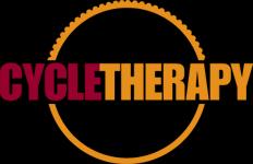 Logo design for "CycleTherapy," featuring the word "CYCLE" in maroon and "THERAPY" in gold, enclosed within a circular bicycle gear motif.