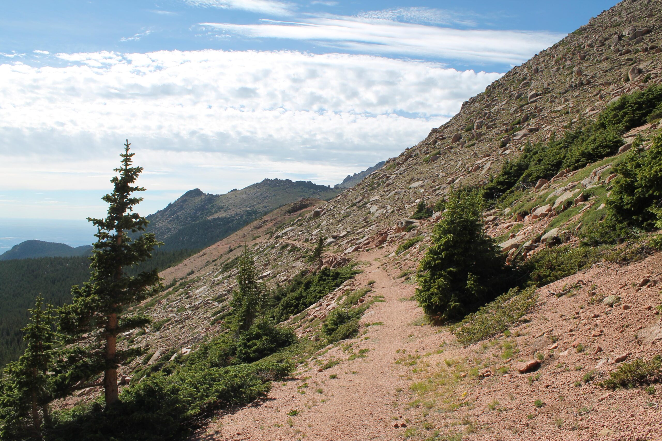 A winding dirt path leads through a rocky landscape, bordered by green shrubs and pine trees, with distant mountain peaks under a partially cloudy blue sky. Elk Park Trail mountain bike trail.