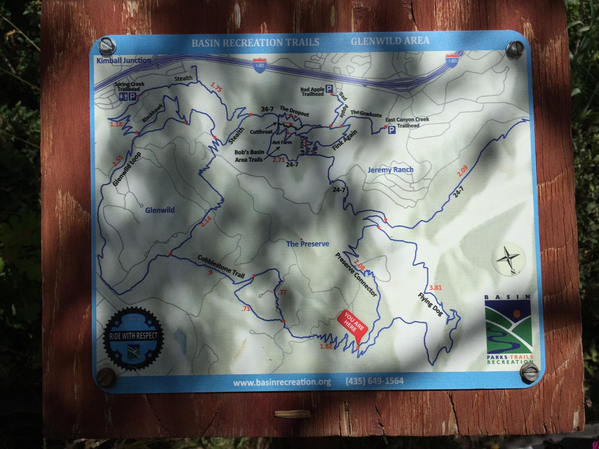 Map of Basin Recreation Trails in the Glenwild area, showing various trails, trailheads, distances, and notable features. The map includes landmarks like Kimball Junction, Glenwild, and Jeremy Ranch, with an emphasis on trail connectivity and locations. Ant Farm mountain bike trail.