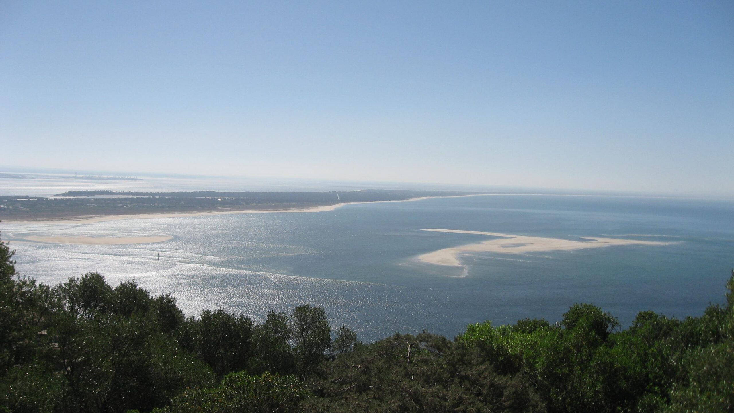 A panoramic view of a coastal landscape featuring a calm blue sea, sandy shores, and a distant shoreline under a clear sky. The sunlight reflects off the water, creating a shimmering effect, while trees frame the foreground. Arrabida mountain bike trail.