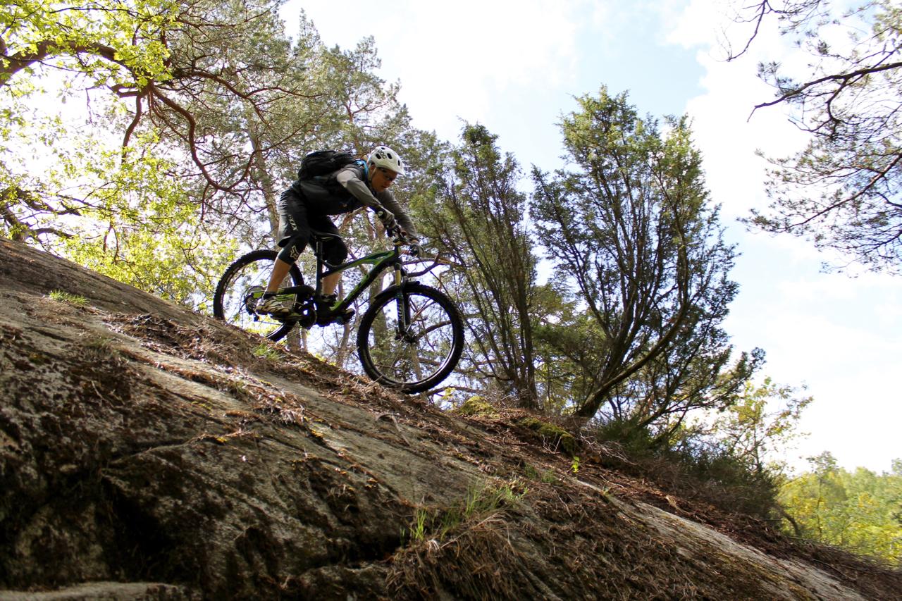 A mountain biker navigating a rocky slope surrounded by trees and blue sky, demonstrating skill and balance during an outdoor cycling adventure. Skatas Trail System mountain bike trail.