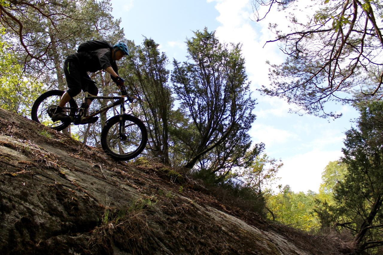 A person riding a mountain bike down a steep, rocky slope in a wooded area. Lush green trees and a blue sky with scattered clouds are visible in the background. The cyclist is wearing a helmet and casual cycling attire. Skatas Trail System mountain bike trail.