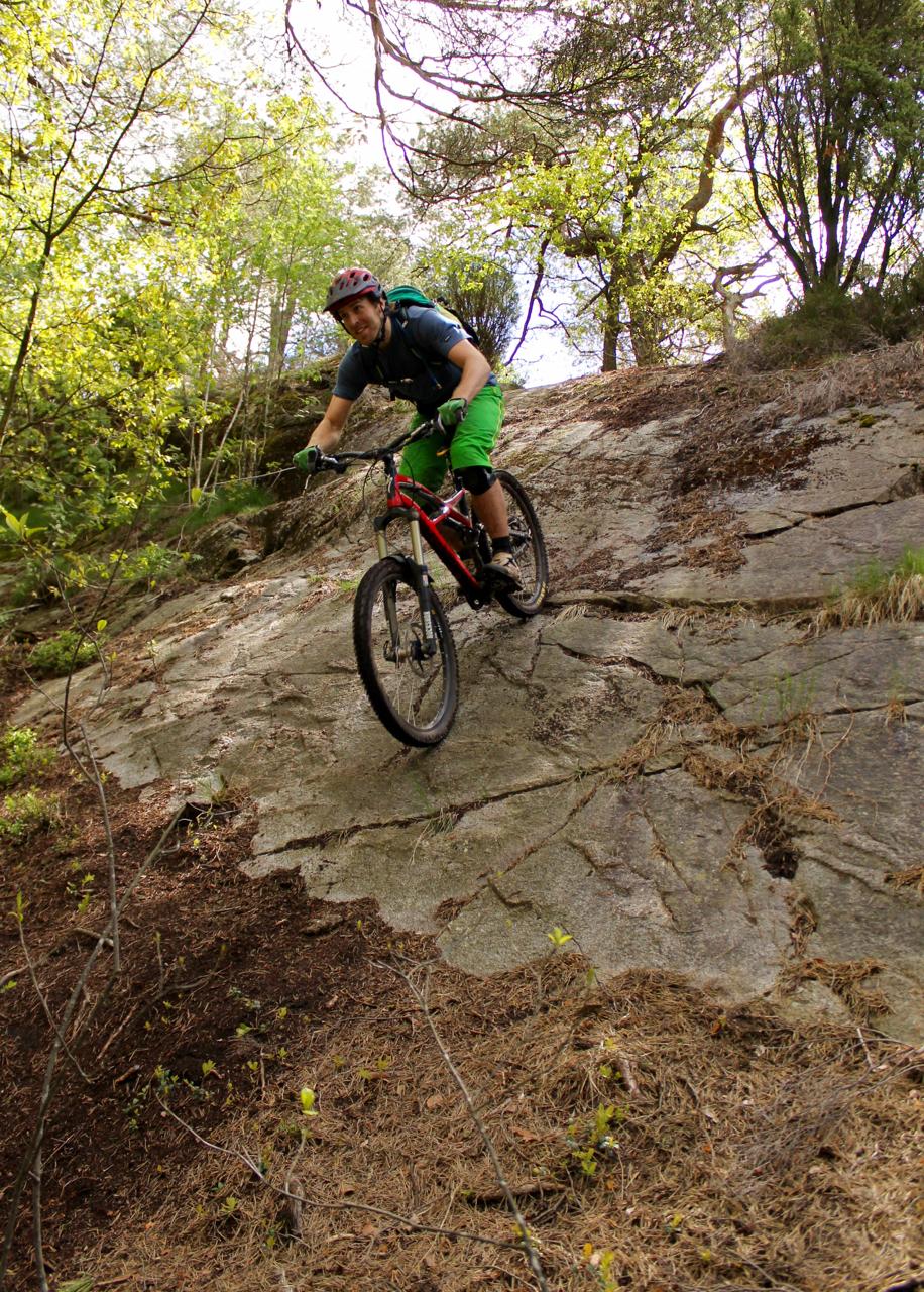A mountain biker navigating a rocky trail, wearing a helmet and green shorts, with a backpack, surrounded by trees and greenery. Skatas Trail System mountain bike trail.